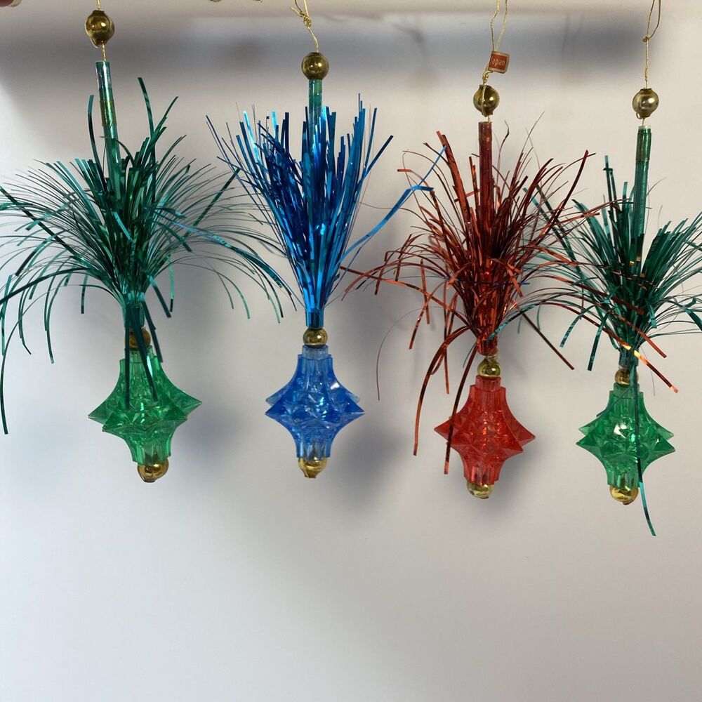 Vintage Made in Japan Cascading Foil Faceted Gem Christmas Ornaments Set of 4